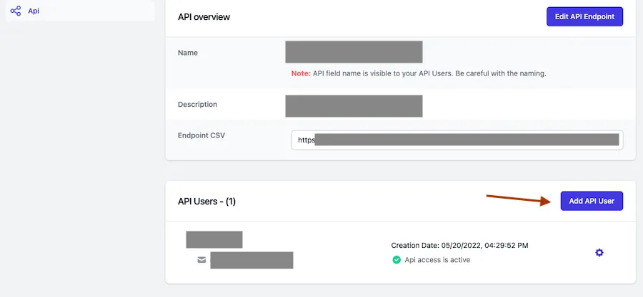 Add API user to your API Endpoint